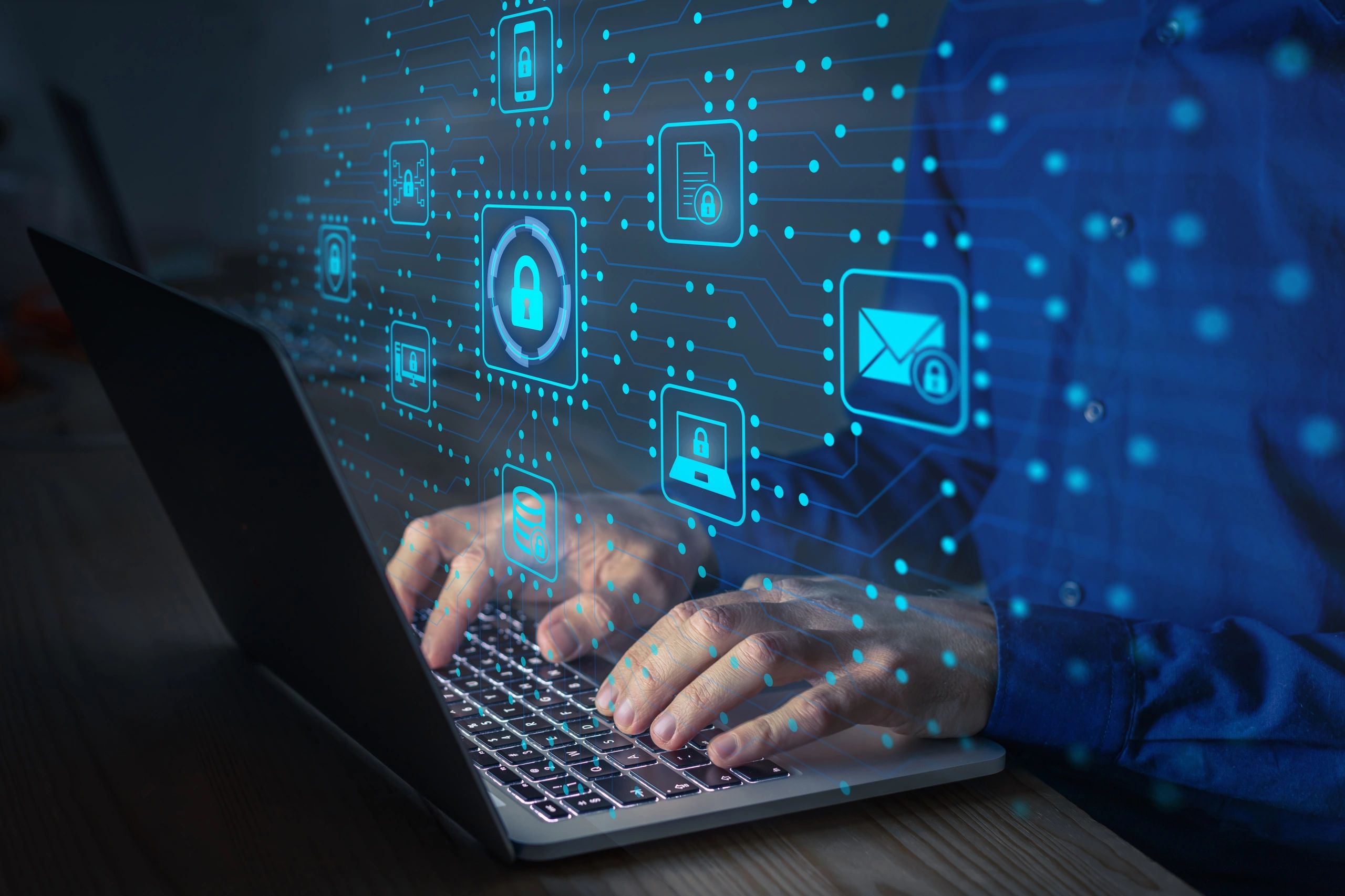 Cyber security IT engineer working on protecting network against cyberattack from hackers on internet. Secure access for online privacy and personal data protection. Hands typing on keyboard and PCB (Cyber security IT engineer working on protecting ne