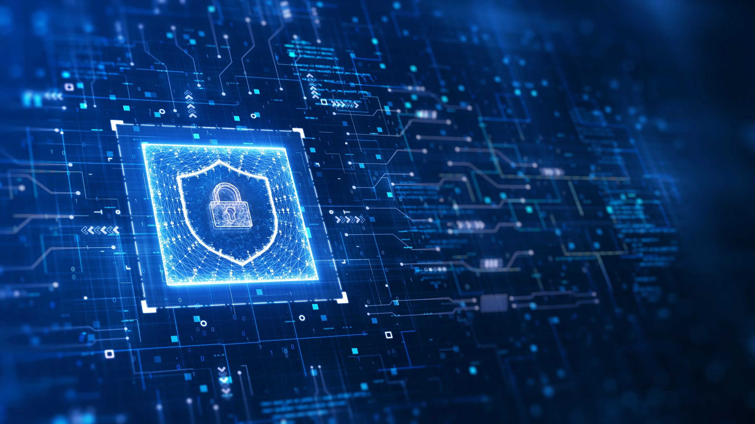 Cybersecurity concept of data protection in digital technology. There is a padlock in a prominent shield on the left, an abstract circuit surrounding the binary and fractal code. perspective design. (Cybersecurity concept of data protection in digital